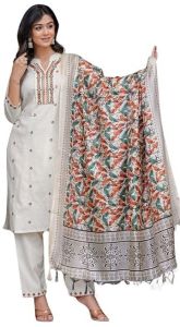 Women's Cotton Embroidered Straight Kurti with Pant and Dupatta Set