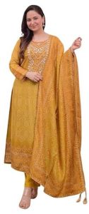 Women's Silk Embroidered Straight Kurti with Pant and Dupatta Set