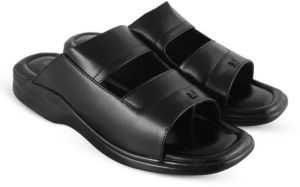 Ruuber Mens Black Leather Open Toe Slipper for Daily Wear