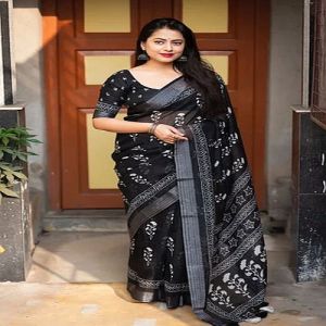 Unstitched Black Floral Print Linen Saree