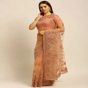 Unstitched Festive Wear Peach Embroidered Net Saree