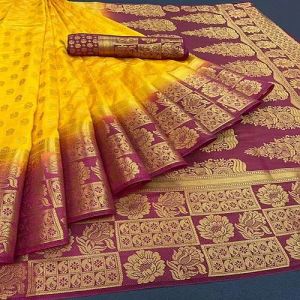 Festive Wear Yellow Banarasi Cotton Silk Saree