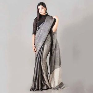 Unstitched Grey Plain Tissue Linen Saree