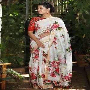 Linen Floral Print Saree