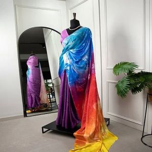 Unstitched Multicolor Satin Silk Printed Saree