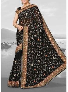 Designer Unstitched Party Wear Black Embroidered Silk Saree