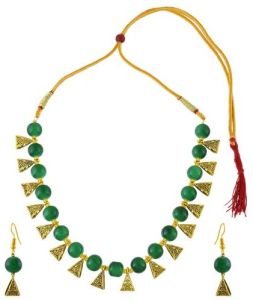 Party Wear Glossy Green Beaded Necklace Set