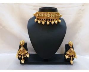 Party Wear Golden Choker Necklace Set, Packaging Type : Jewelry Box