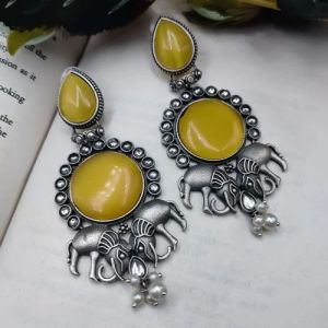 Silver Replica Elephant Monalisa Stone Dangler Earrings