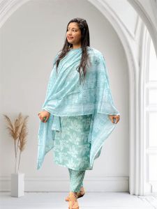 Ladies Sky Blue Cotton Kurti Pant Set