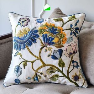 Premium Cotton / Linen Blend Floral Embroidered Cushion Cover