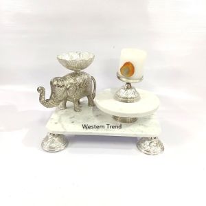 Marble Elephant Chowki Set, Color : Silver, Silver & White