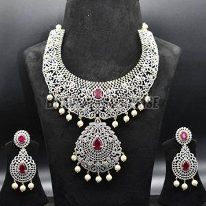 Exquisite Cubic Zirconia & Ruby Bridal Choker Necklace Set with Pearls