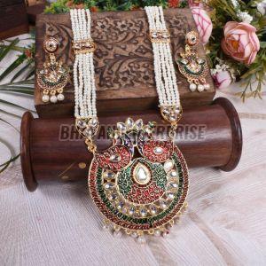 Grand Kundan & Meenakari Peacock Necklace Set with Pearl Chains