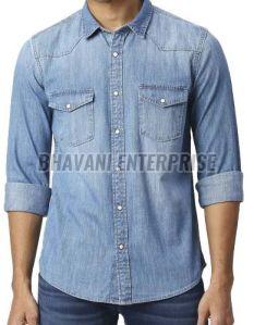 Mens Casual Light Blue Denim Shirt with Pockets