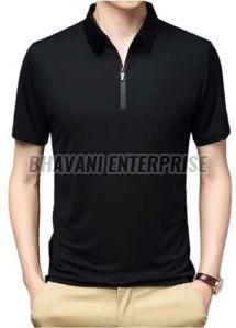 Mens Solid Black Polo T-shirt with Zip Placket