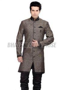 Mens Traditional Jacquard Weave Sherwani with Black Pants