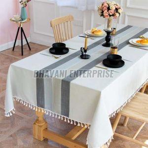 Linen Blend Modern Striped Tablecloth With Tassel Border