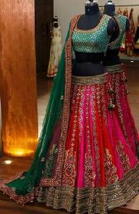 Bridal Pink Net Lehenga with Green Banarsi Blouse