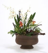 White Orchids Lady Slippers Oval Brown Concrete Planter
