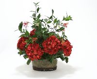 Dark Red Hydrangeas Oval Glass Vase