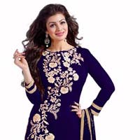 Navy Blue Embroidered Chanderi Churidar Suits