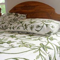 Crewel Bedding - Leaves Green On White Cotton Crewel Duvet Cover (king)