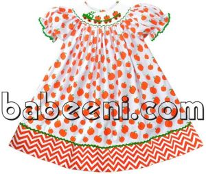 Cute Pumpkin Train Smocked Bishop Dress