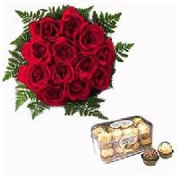 12 Red Rose Bouquet with Ferero Rocher