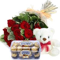 12 Red Rose Bouquet with Teddy & Ferero Rocher