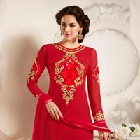 Fabulous Red Embroidered Georgette Straight Salwar Suits