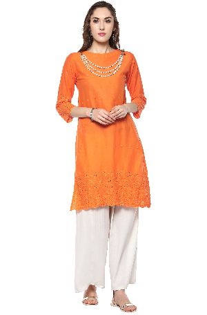 Janasya Women's Orange Thread Work Cotton Straight Kurti