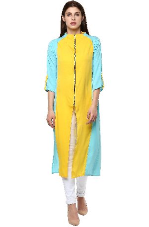 Janasya Women's Yellow & Sky Blue Indo Western Crepe Kurti