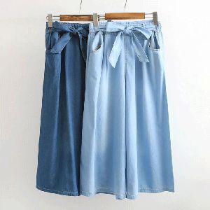 PACK OF 2 Women Jeans Knotted Elastic Waist Wide Leg Denim Palazzo Pants Blue