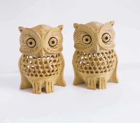 Handcrafted Carved Owl Set of Two
