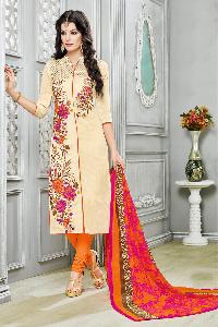 Ladies Flavour Cream Chanderi Cotton Embroidered Unstitched Dress Mate