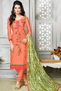 Ladies Flavour Orange Chanderi Cotton Embroidered Unstitched Dress Mat
