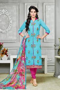 Ladies Flavour Sky Blue Chanderi Cotton Embroidered Unstitched Dress M