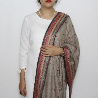 Grey Multi-Colored Border Hand Embroidered Pashmina Stole