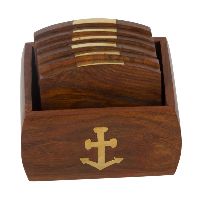 Set of 6 Hand Carved Wooden Bar Coasters & Holder Fine Polished Anchor Embedded