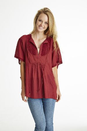 Ladies Cotton Voile Tunic With Side Pockets And Black Lace Insets
