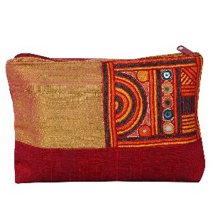 Red and Gold Embroidered Silk Zipper Pouch