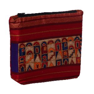 Red Embroidered Silk Zipper Pouch