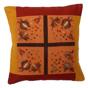 Yellow Embroidered Cotton Patchwork Cushion Cover