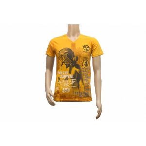 Mens Printed Yellow V Neck T-Shirt