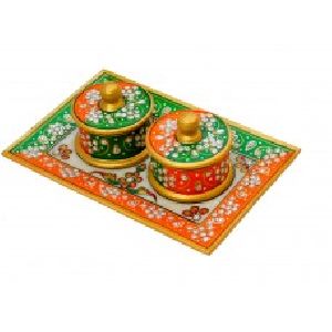 2 Bowl tray set with green and orange color painting
