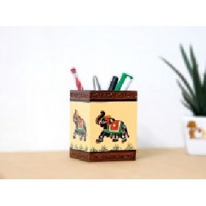 Wooden Pen Stand with Traditional elephant painting