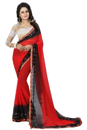 Black Red Bandhani Chiffon Sarees