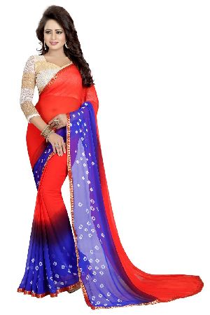 Red Blue Bandhani Chiffon Sarees