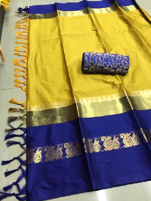 yellow blue silk saree